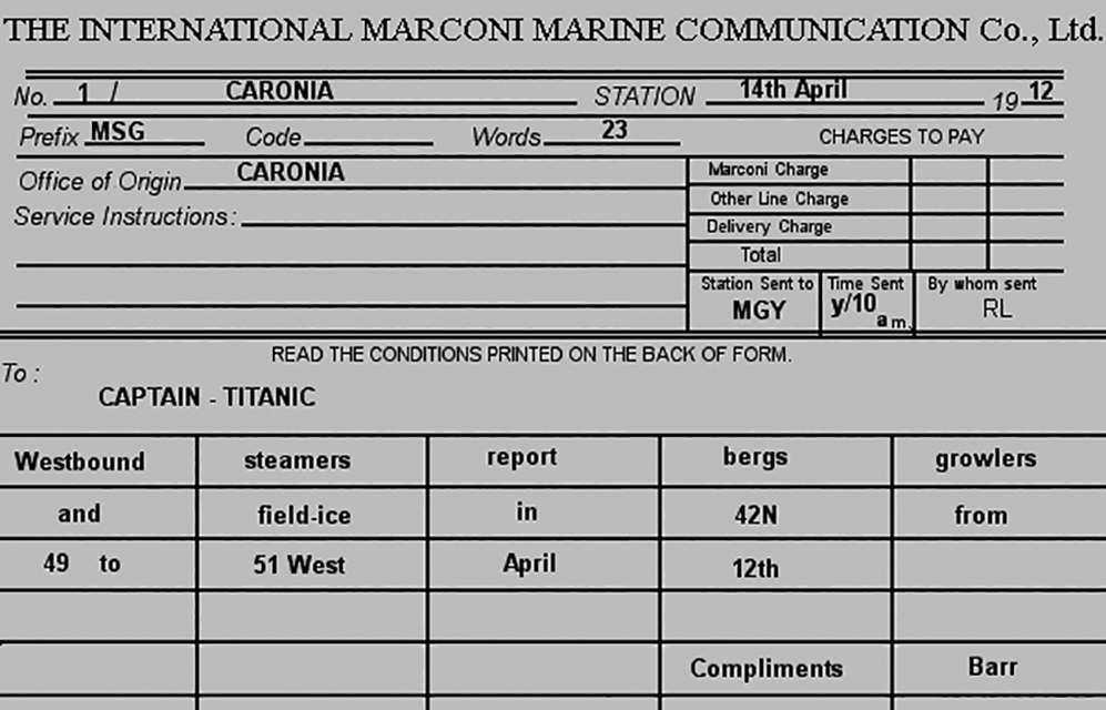 Ice warning from the RMS Caronia